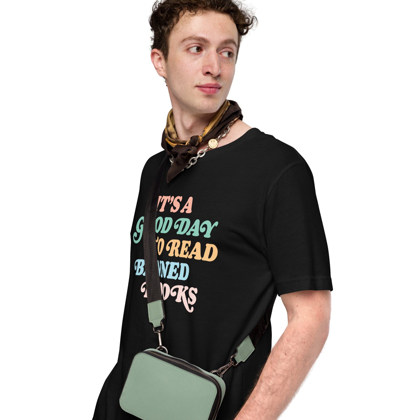 Model wearing the Read Banned Books Anti-Censorship Literary Activist T-shirt