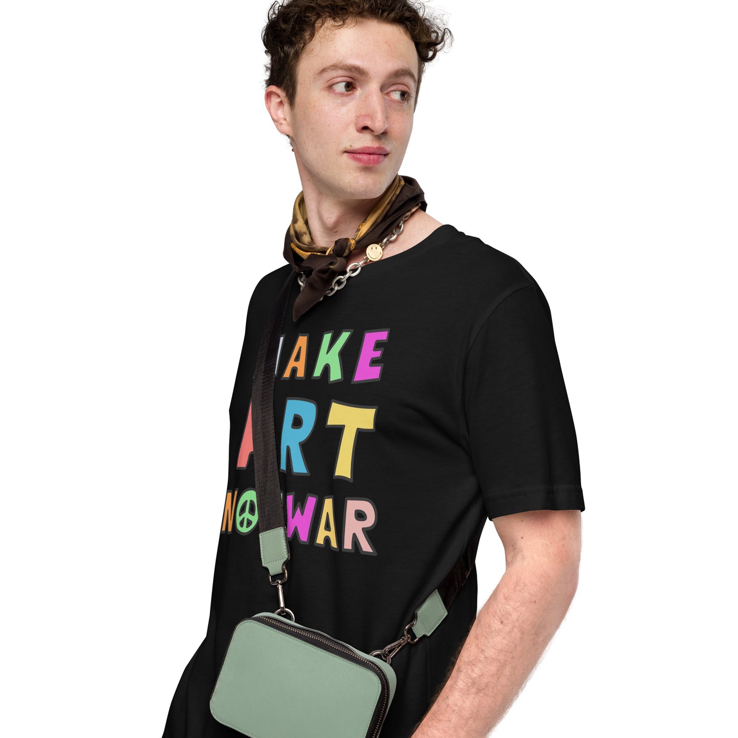 Lifestyle Image: Model wearing the Make Art Not War tee at a peaceful protest or artistic setting