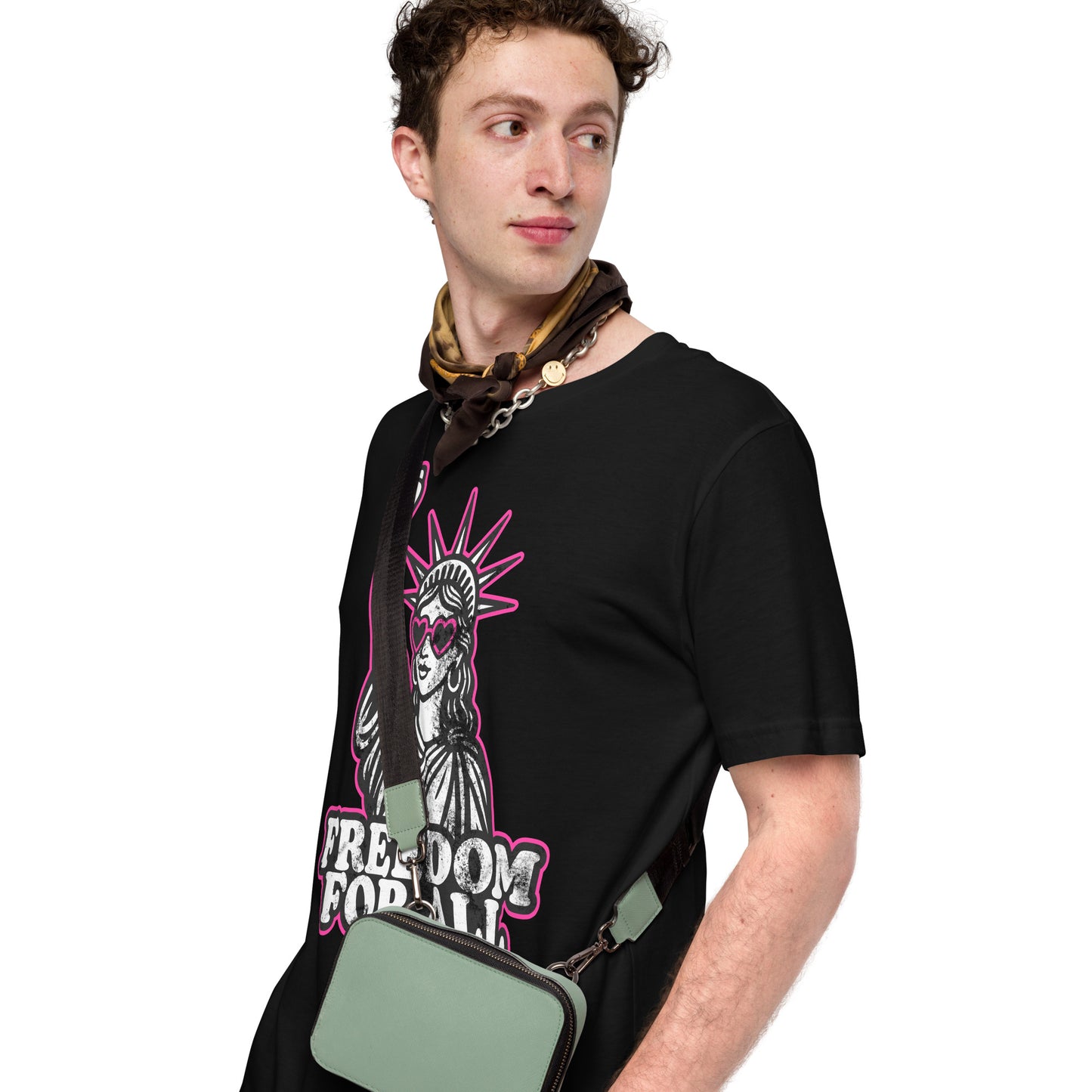 Lifestyle Image: Male protester wearing Freedom For All protest tee - black