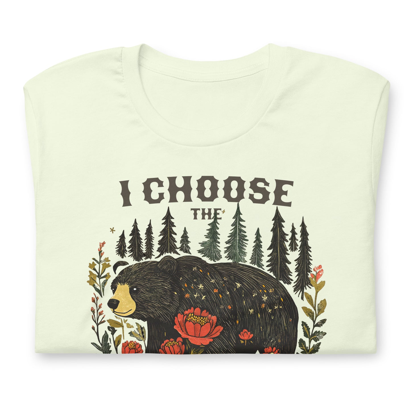 Close-Up of Design: Detailed illustration of a bear surrounded by flowers on the I Choose The Bear T-shirt.