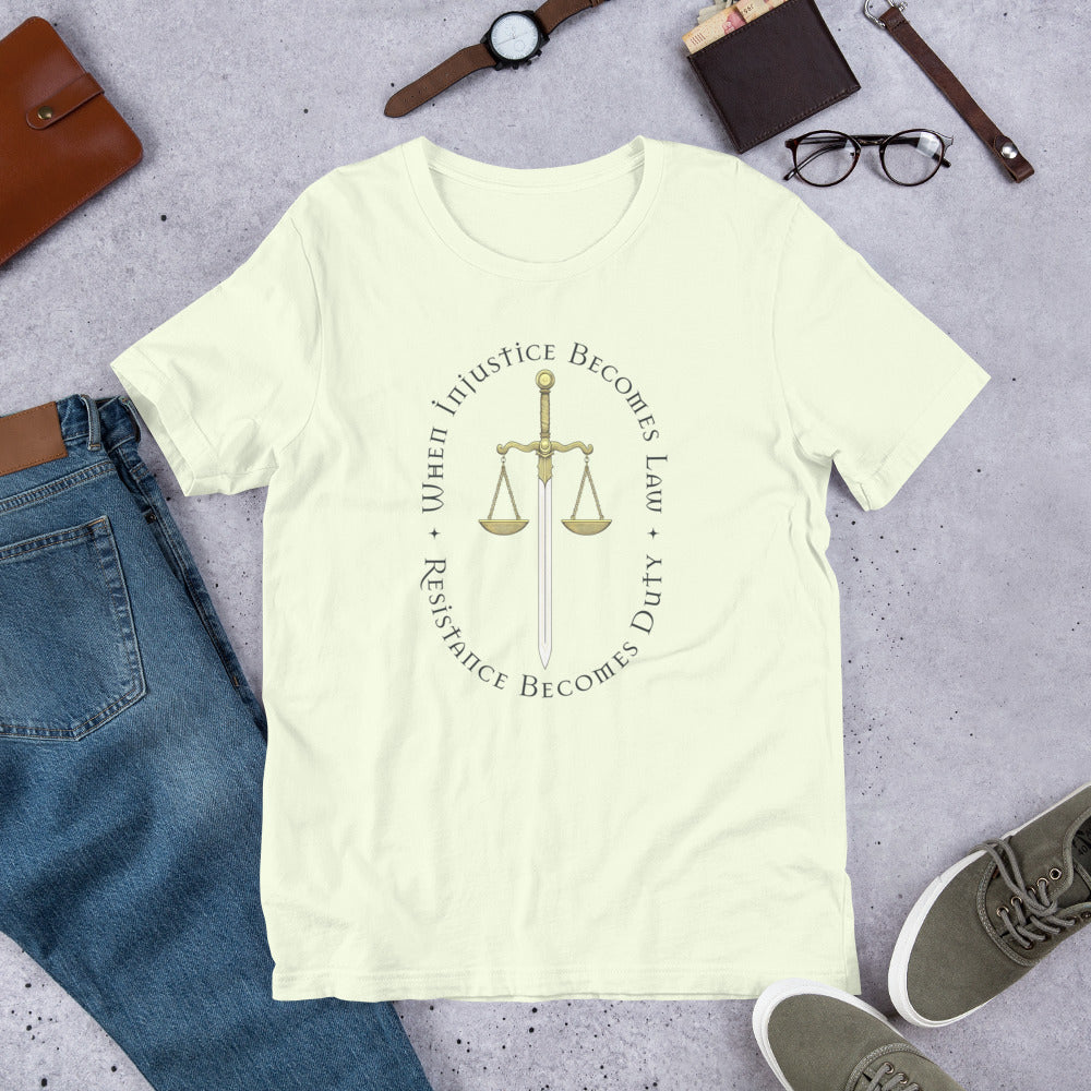 Flat lay of the unisex t-shirt featuring the justice-themed design.