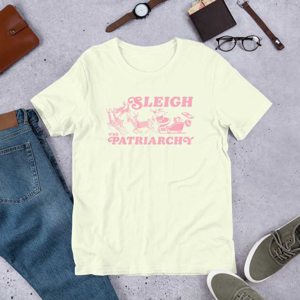Flat Lay Image: Sleigh The Patriarchy t-shirt styled with complementary accessories.