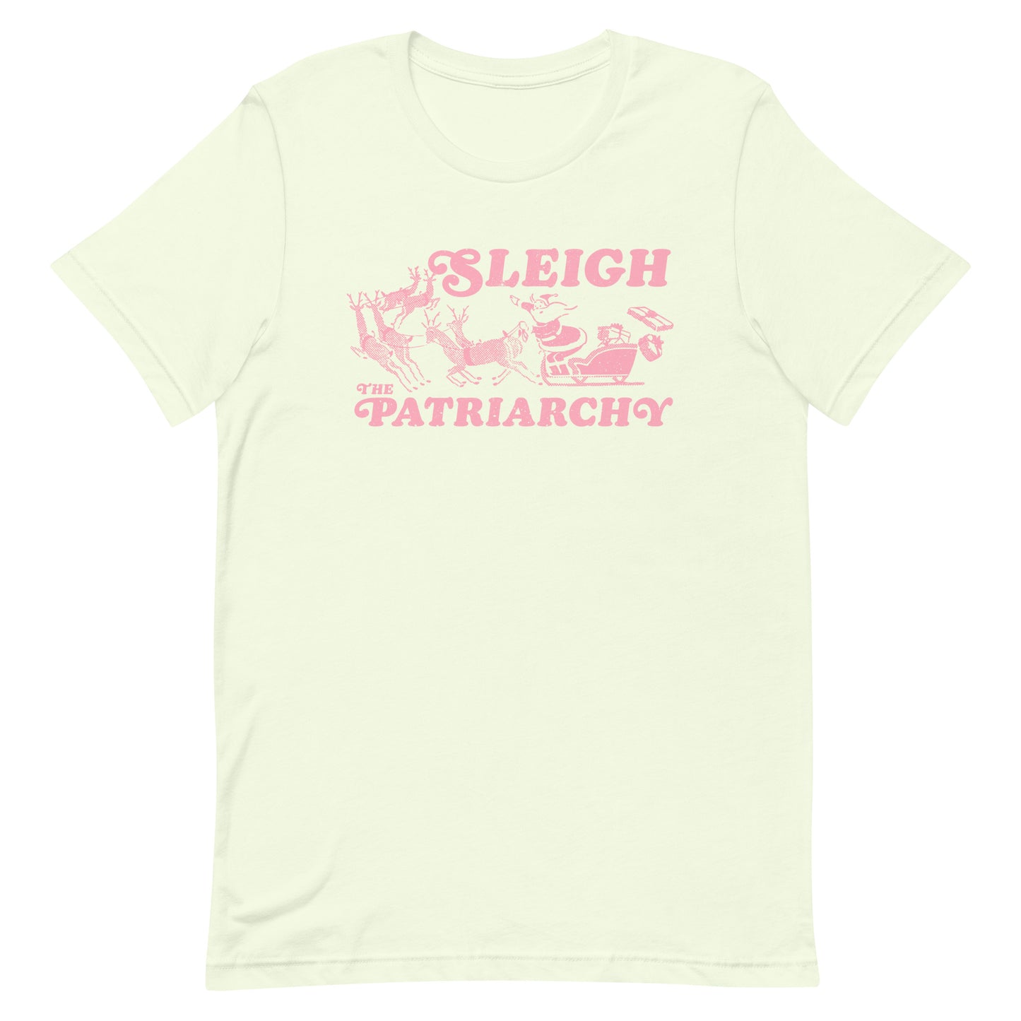 Front View Image: Santa Claus in a sleigh with reindeer and the text "Sleigh The Patriarchy" on a unisex t-shirt.