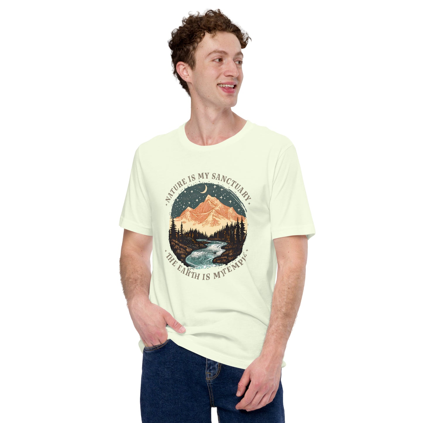 Model wearing the Nature Is My Sanctuary The Earth Is My Temple Earth Day climate change t-shirt