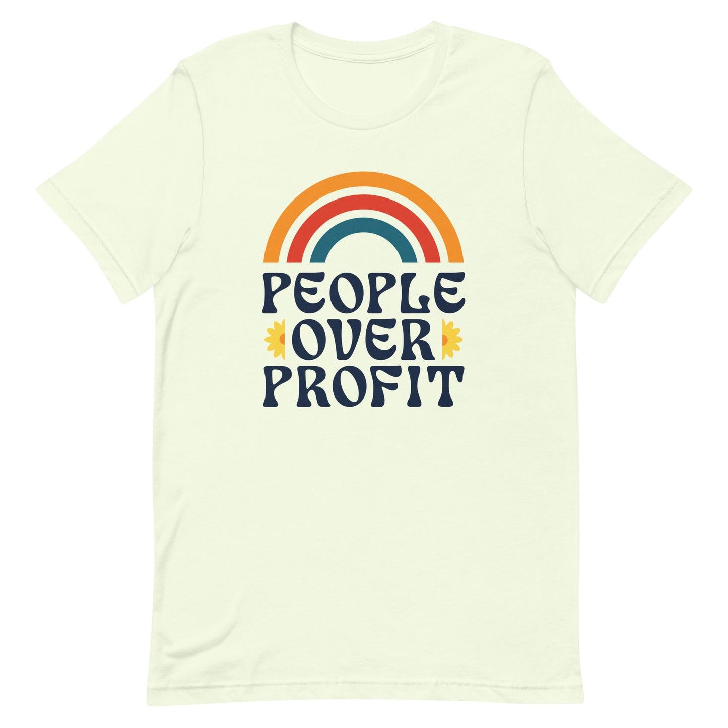 Front view of People Over Profit Economic justice Anti-Capitalism T-shirt with retro rainbow design and anti-capitalism message.