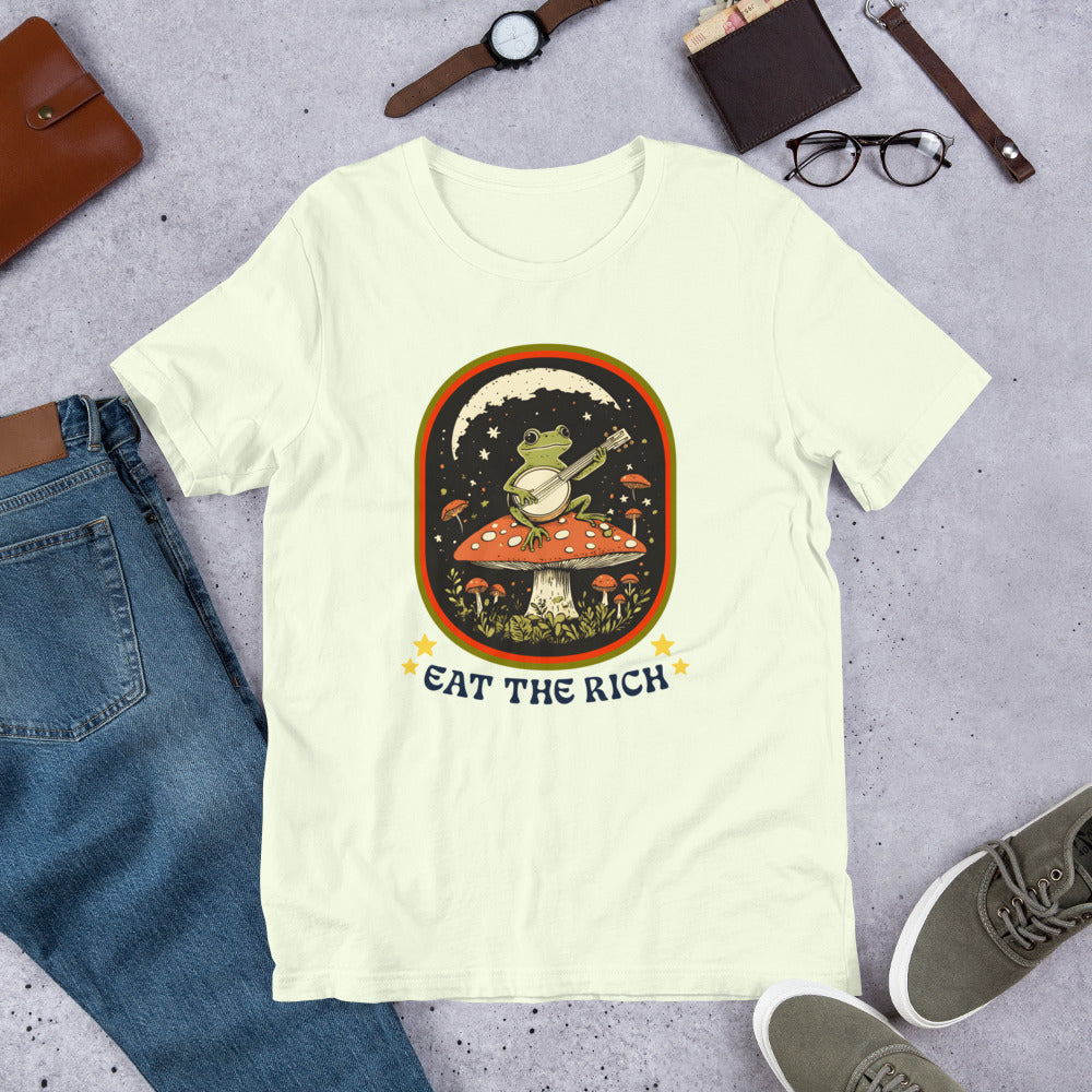 Flat lay of the Eat The Rich T-shirt with retro design