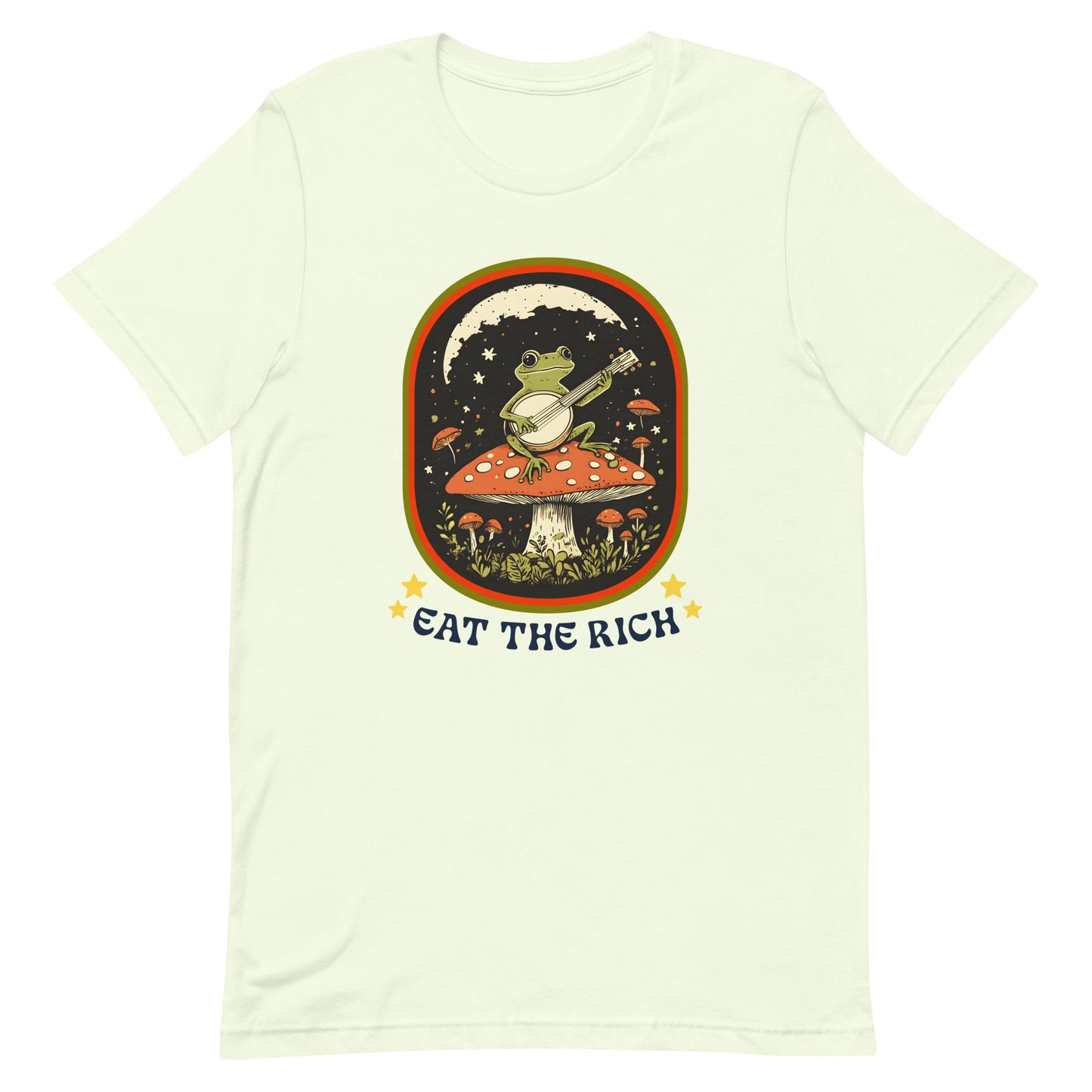 Front view of Eat The Rich Anti-Capitalism Unisex T-Shirt with retro frog design.