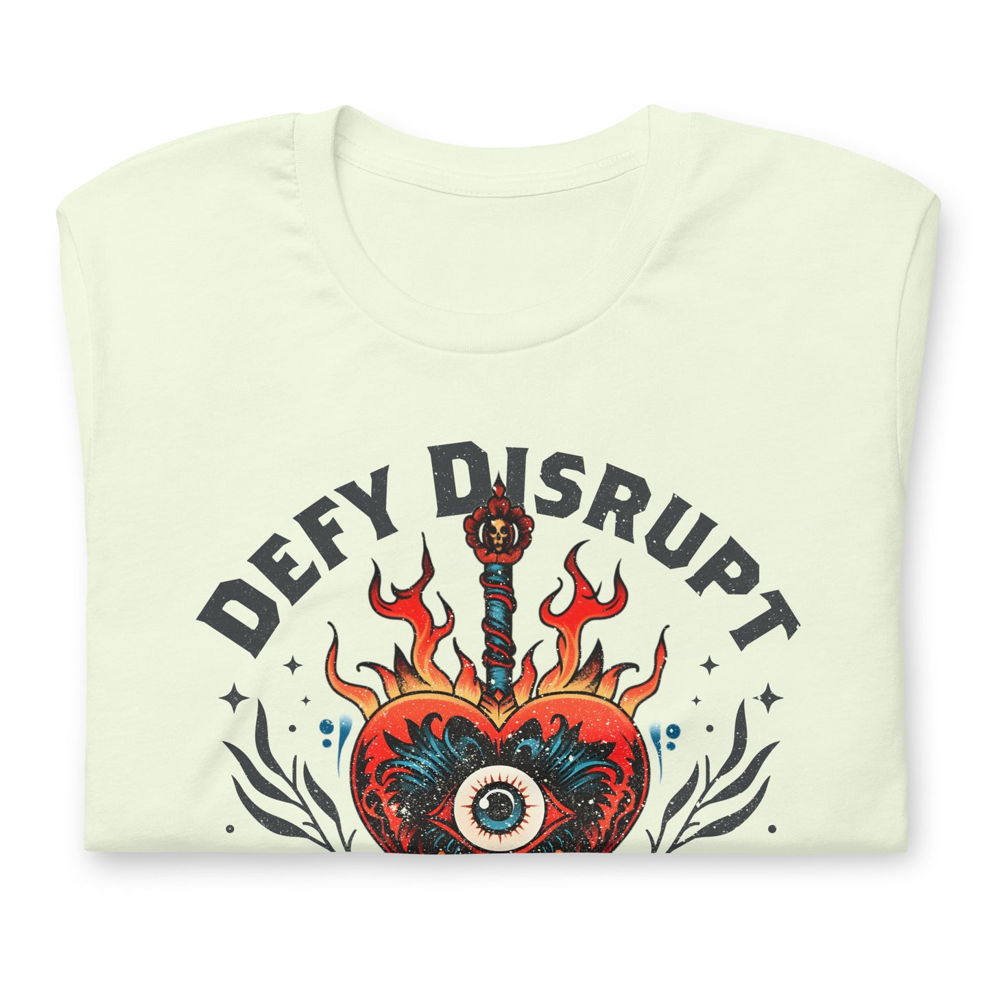 Close-up of fiery heart graphic with eyeball, dagger, and bold anti-capitalist text.