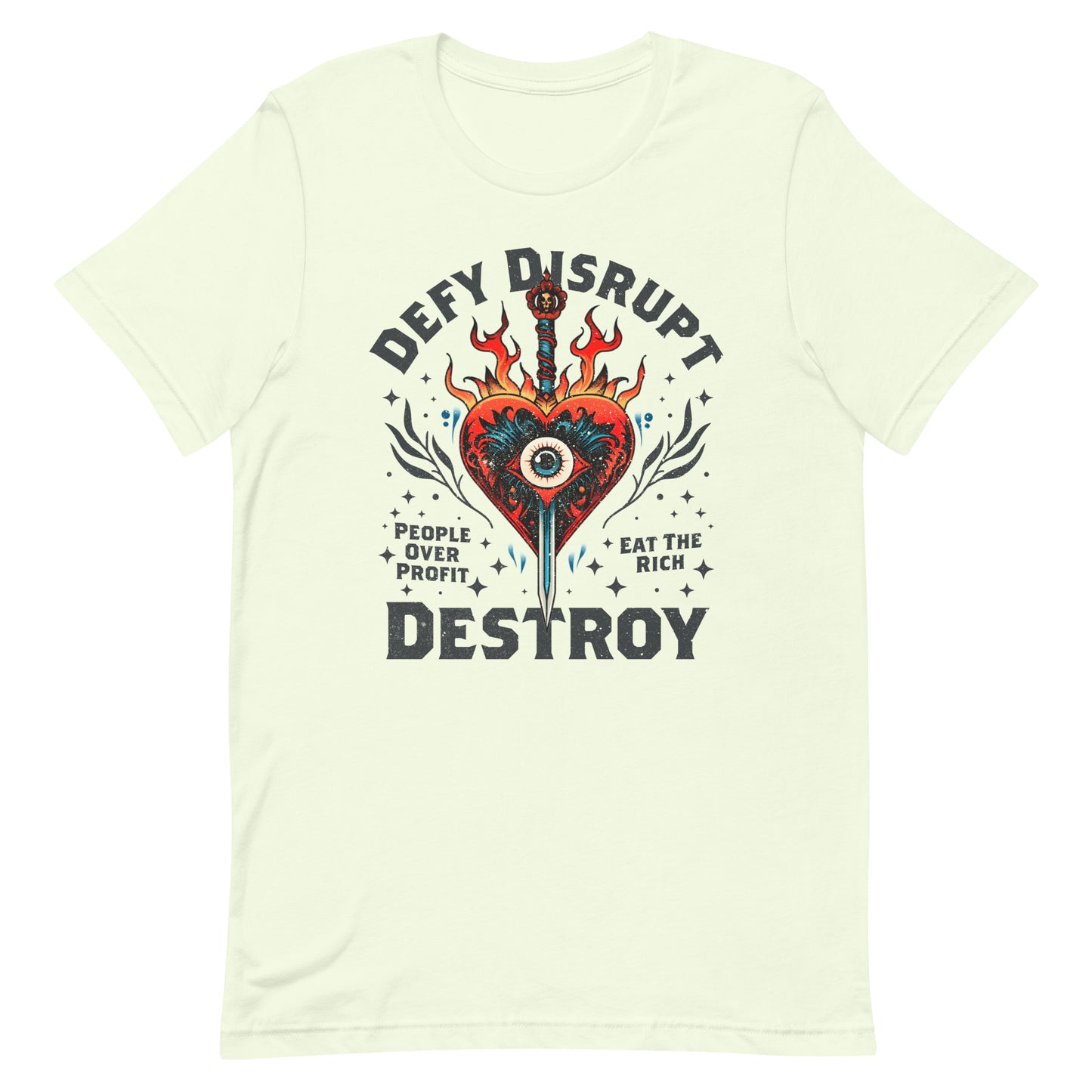 Front View Image: Eat The Rich Anti-Capitalism T-shirt with tattoo-inspired evil heart design, fire, and dagger on a plain background