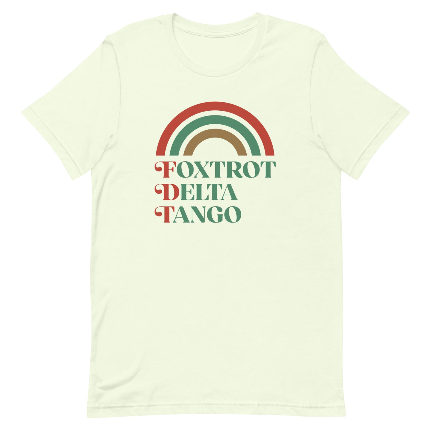Front view of the Foxtrot Delta Tango Anti-Trump Christmas T-Shirt featuring a festive rainbow design.