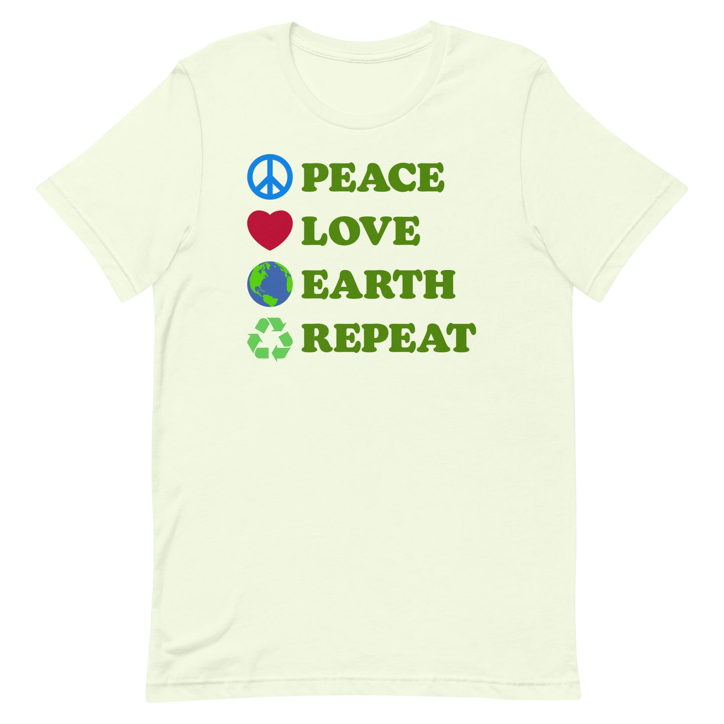 Front View Image: Peace Love Earth Repeat t-shirt displayed flat with full front graphic