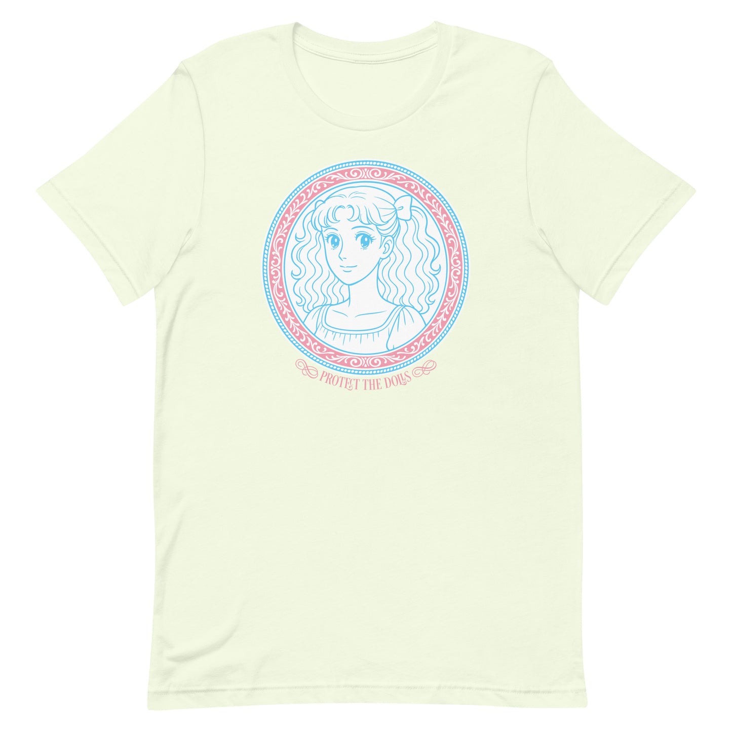 Front View Image: Protect The Dolls t-shirt with trans pride anime-style graphic