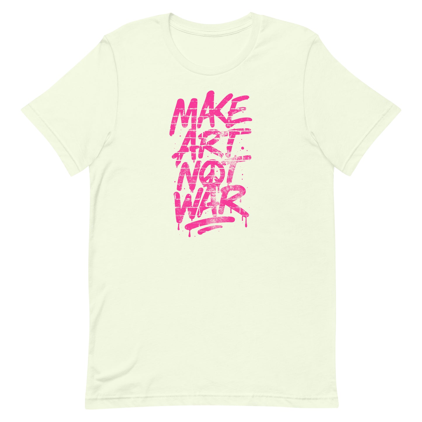 Front View Image: Front view of Make Art Not War graffiti protest t-shirt with bold pink spray-paint lettering
