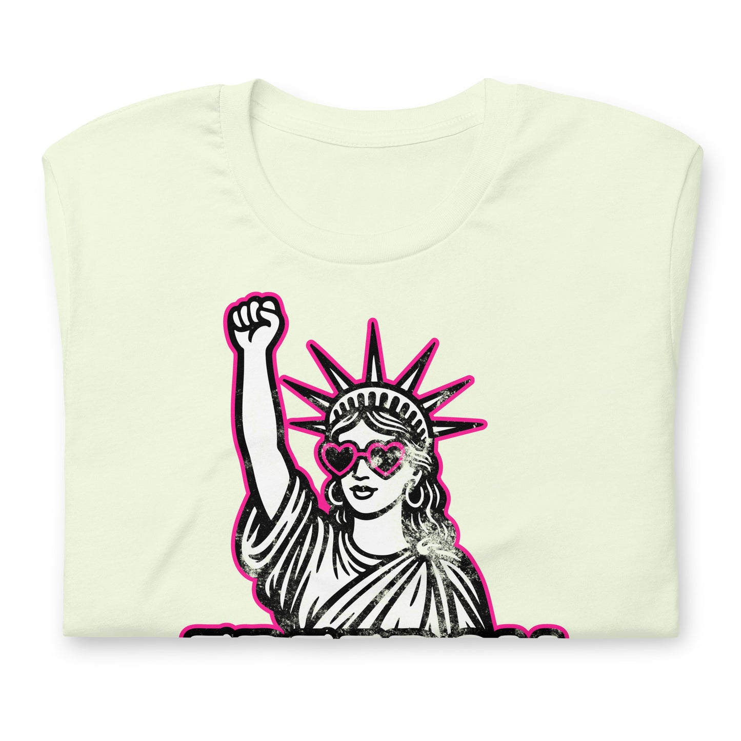 Close-Up of Design: Close-up of feminist Liberty graphic with distressed Freedom For All lettering - Citron