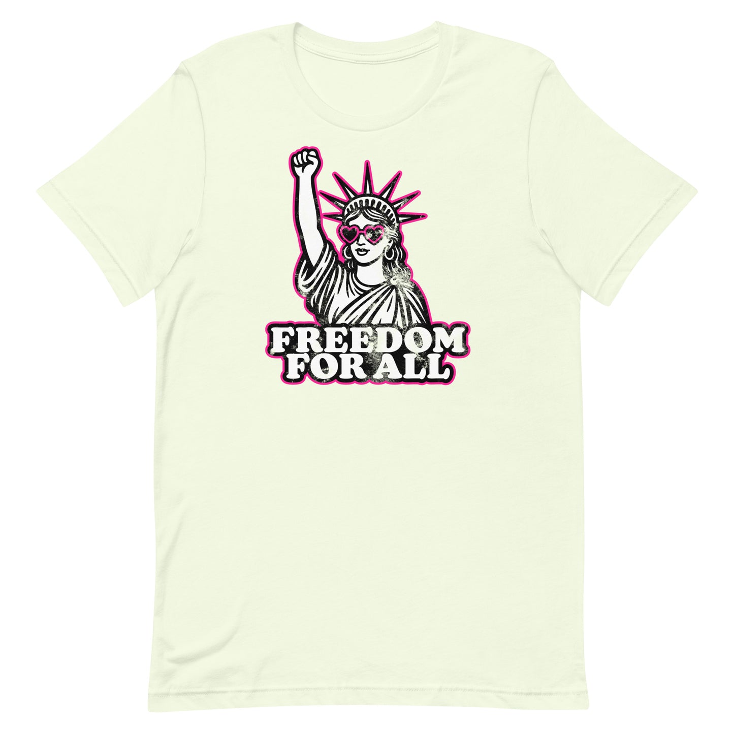 Front View Image: Front view of Freedom For All t-shirt with pink heart sunglasses and raised fist Statue of Liberty
