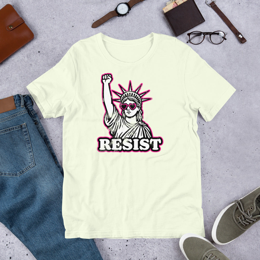 Flat Lay Image: Flat lay of unisex RESIST t-shirt featuring anti-Trump, pro-democracy design