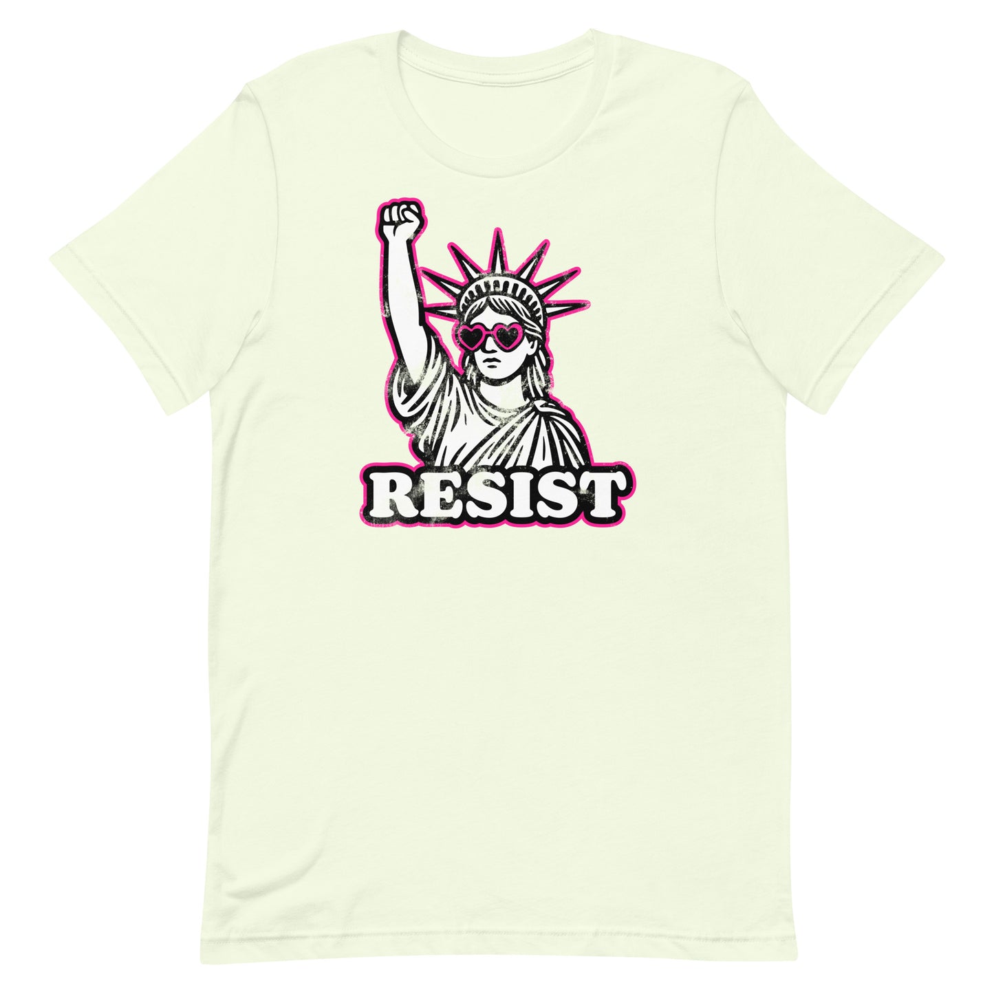 Front View Image: Front view of RESIST feminist t-shirt with raised fist Statue of Liberty and pink heart sunglasses