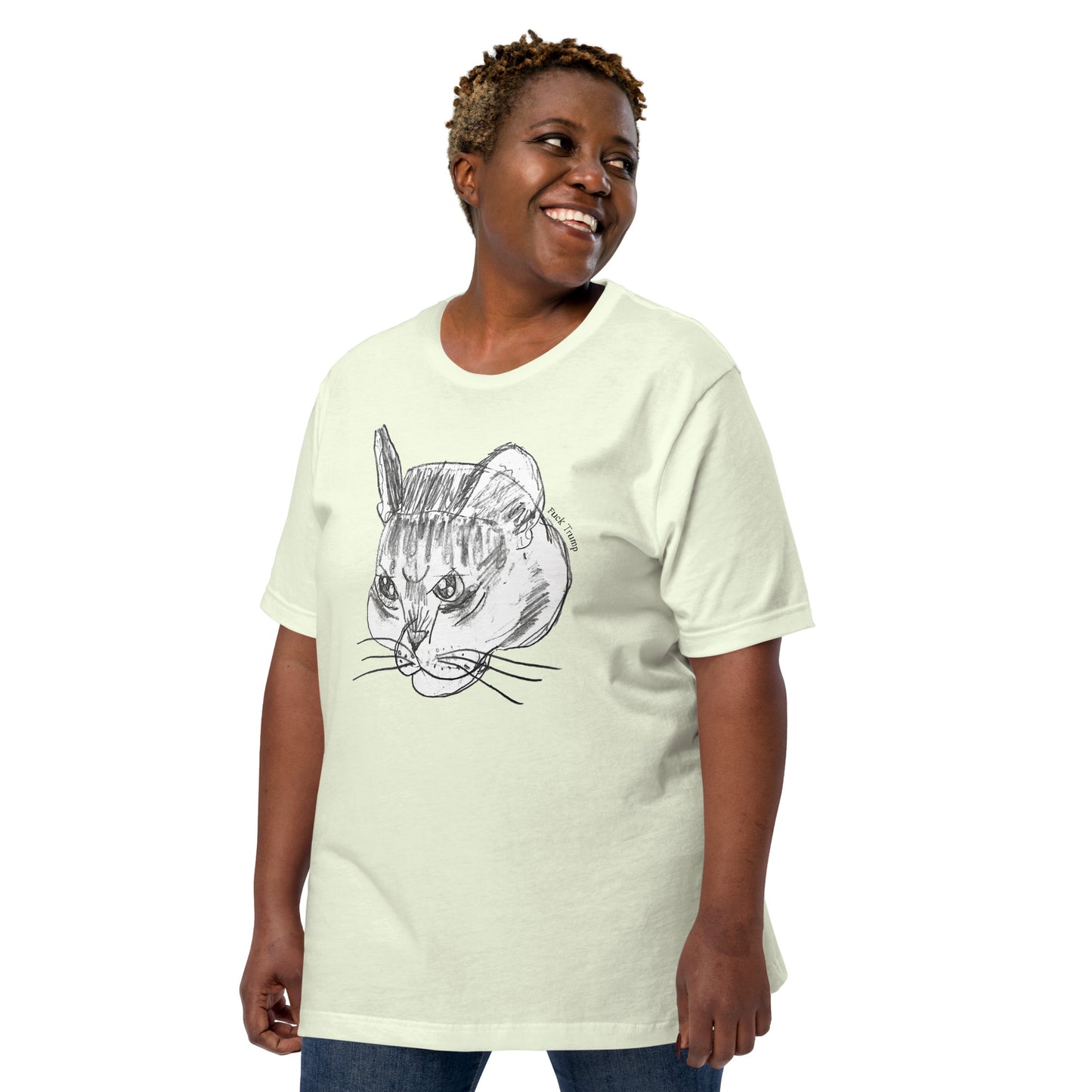 Lifestyle Image: Black lady wearing the Subtle Anti-Trump Cat T-Shirt in a casual setting.