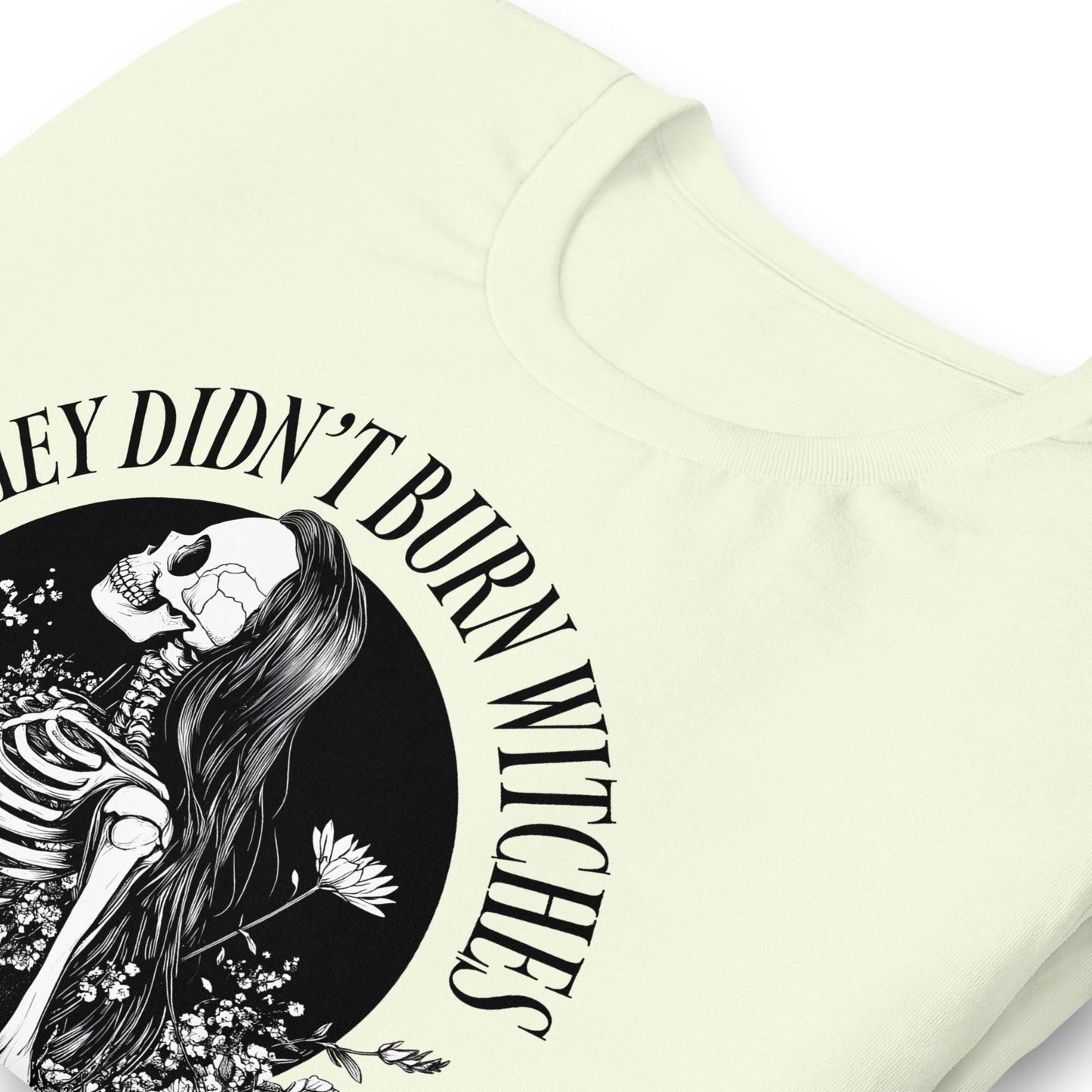 Close-Up of Design: Detailed view of skeleton girl with long hair surrounded by flowers.