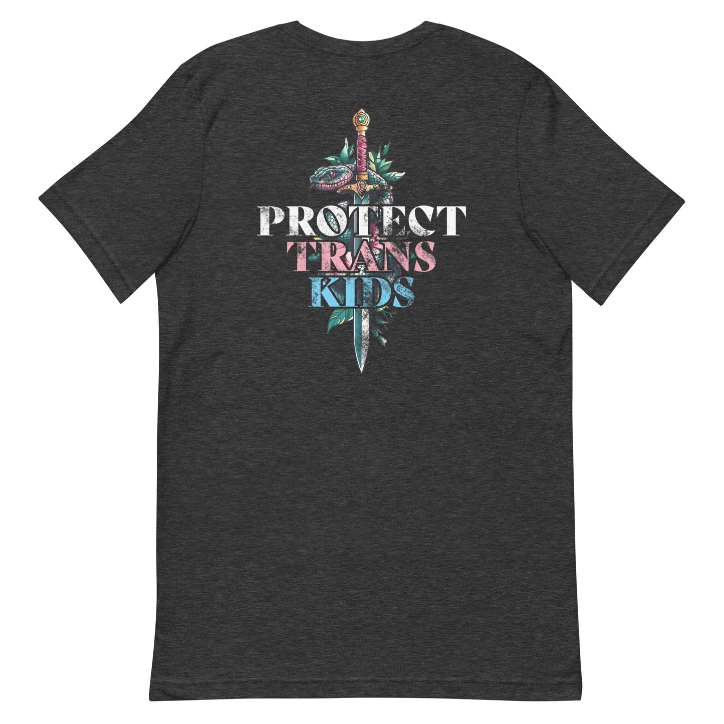 Dark heather gray unisex t-shirt back featuring large snake and dagger illustration with bold typography reading “Protect Trans Kids,” progressive graphic t-shirt from Blue Wave USA.