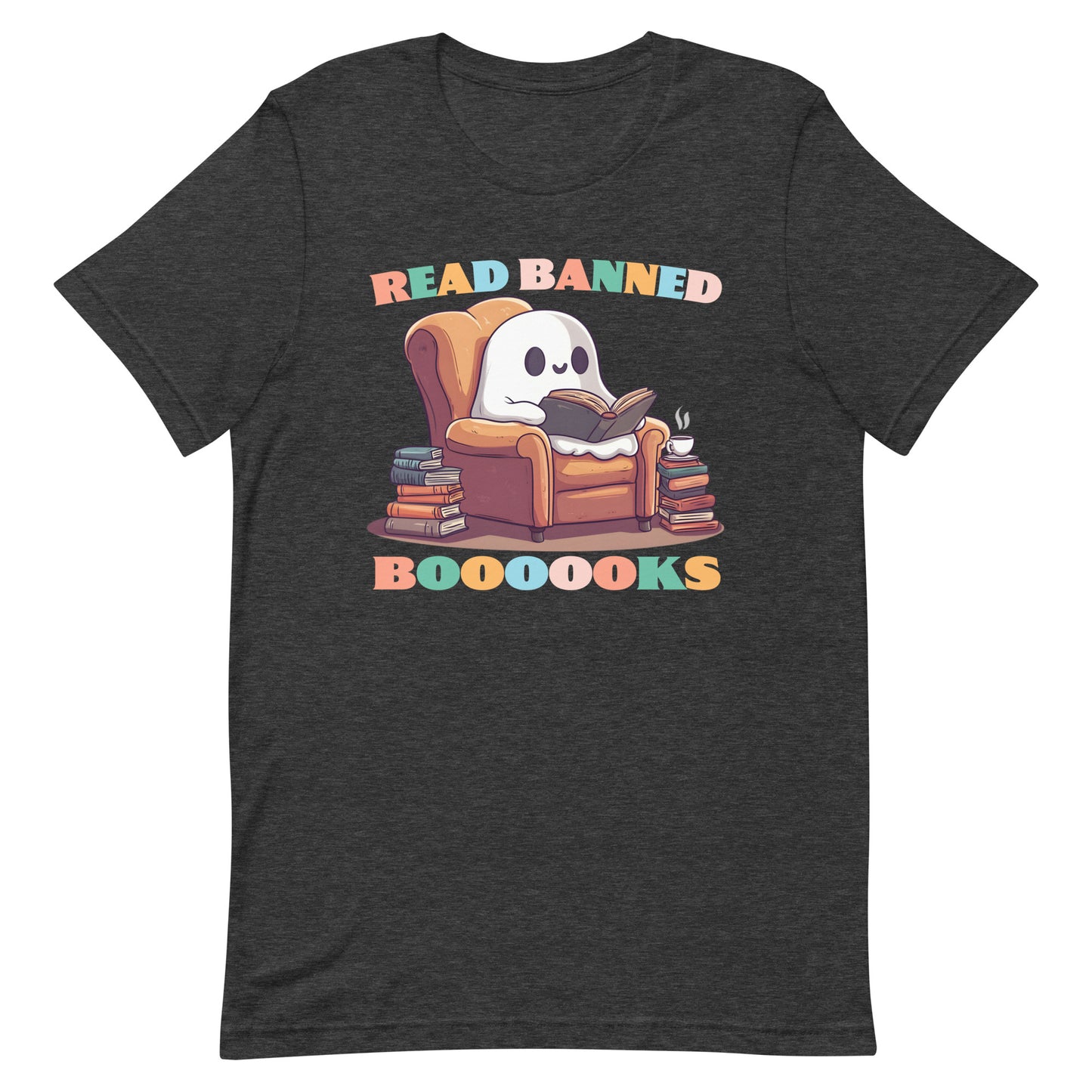 Front view of the "Read Banned Boooooks" Ghost T-Shirt featuring a cute ghost with books.