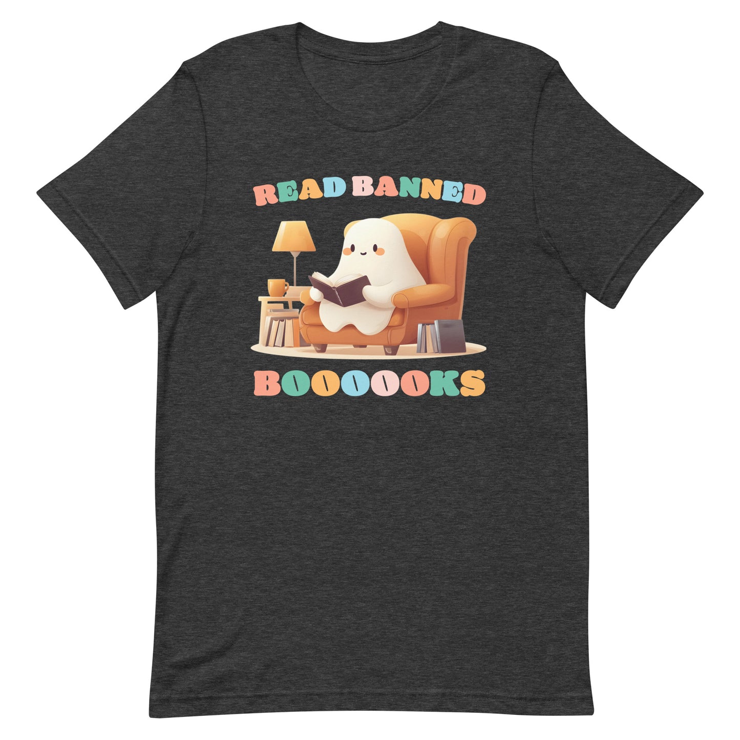 Front view of the "Read Banned Boooooks" T-Shirt featuring a cute ghost reading books.