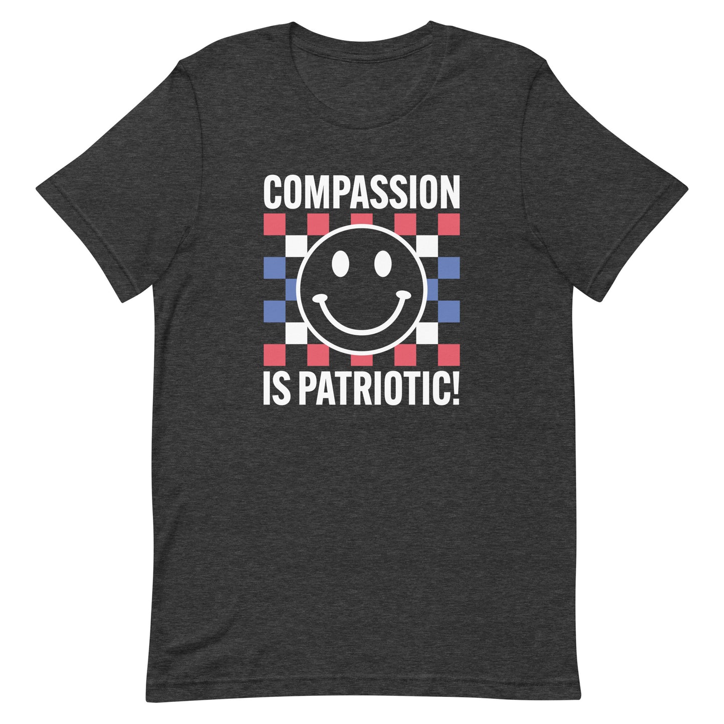 Front view of the Compassion Is Patriotic Smiley Face Unisex T-Shirt in red, white, and blue with a smiley face design.