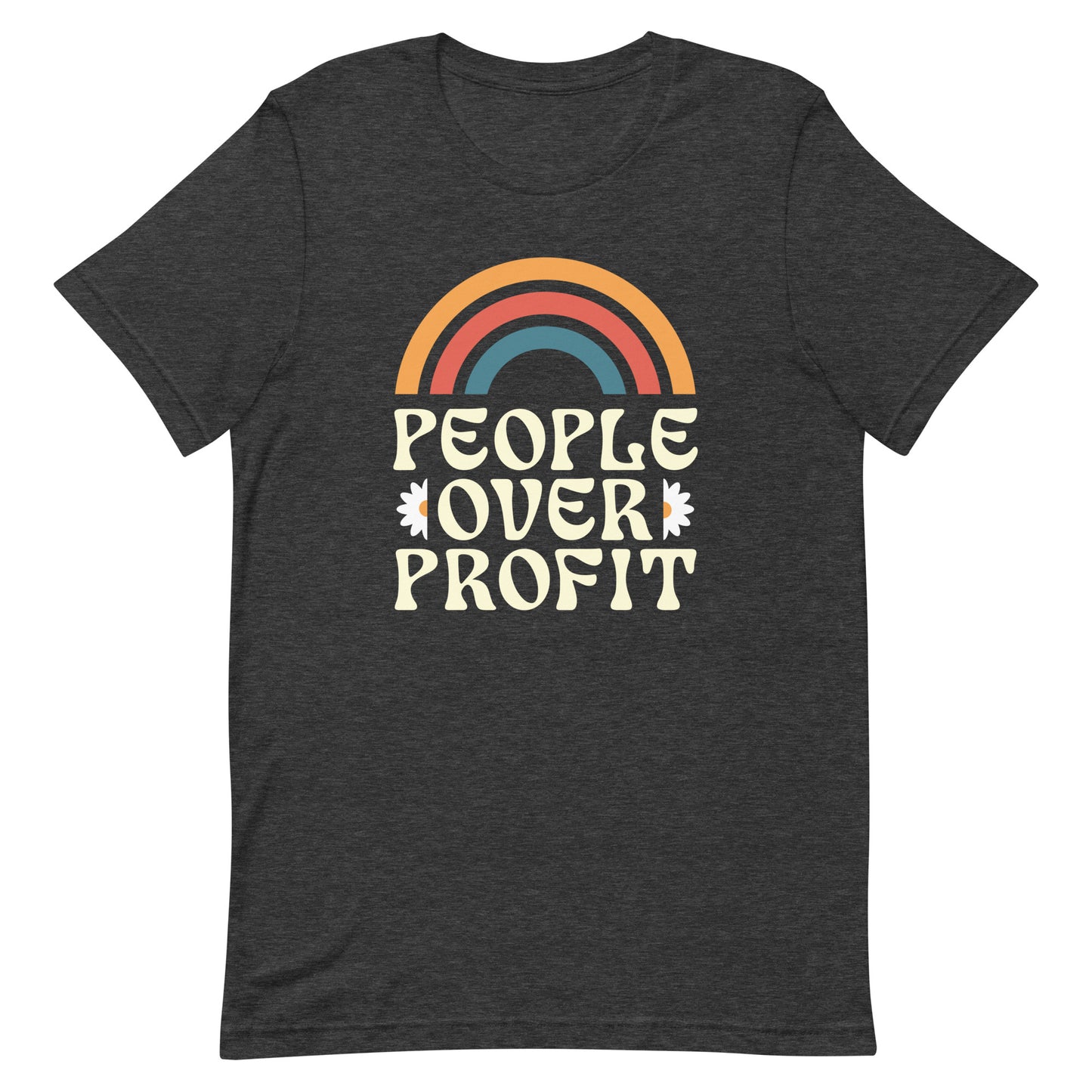 Front view of People Over Profit Economic justice Anti-Capitalism T-shirt with retro rainbow design and anti-capitalism message.