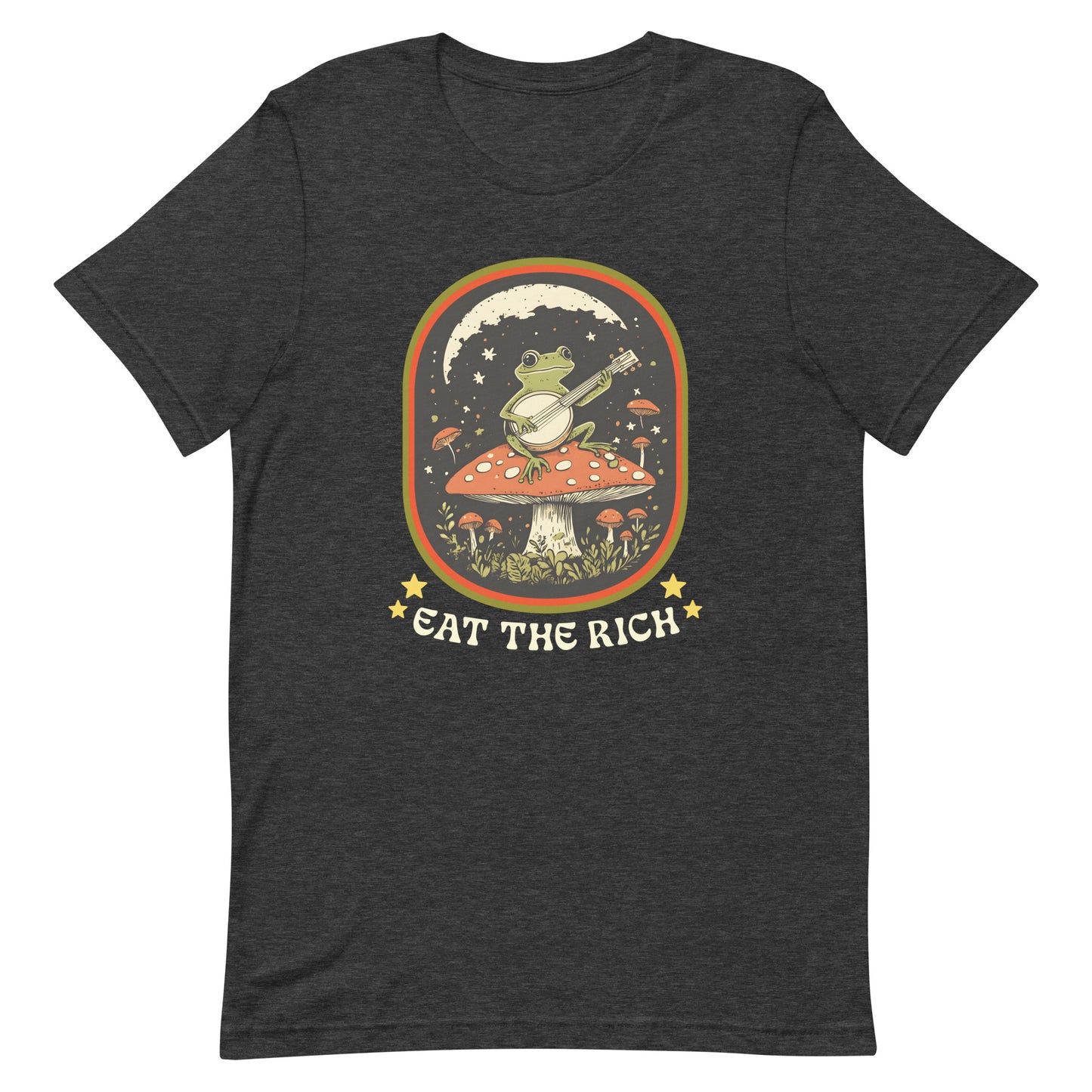 Front view of Eat The Rich Anti-Capitalism Unisex T-Shirt with retro frog design.