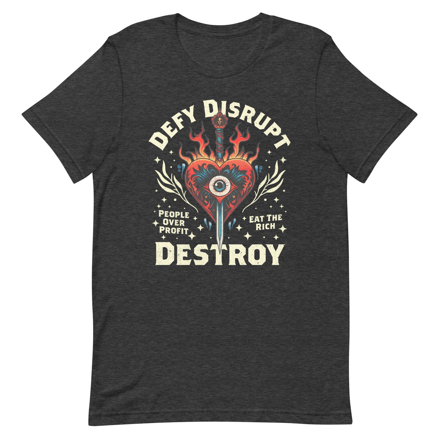 Front View Image: Eat The Rich Anti-Capitalism T-shirt with tattoo-inspired evil heart design, fire, and dagger on a plain background