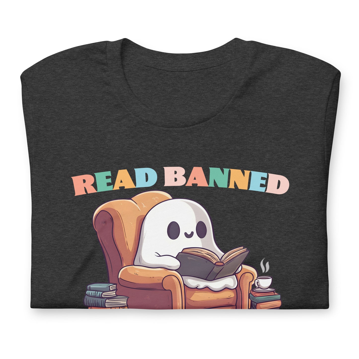 Close up view: Read Banned Books Cute Ghost Spooky Book Lover T-Shirt