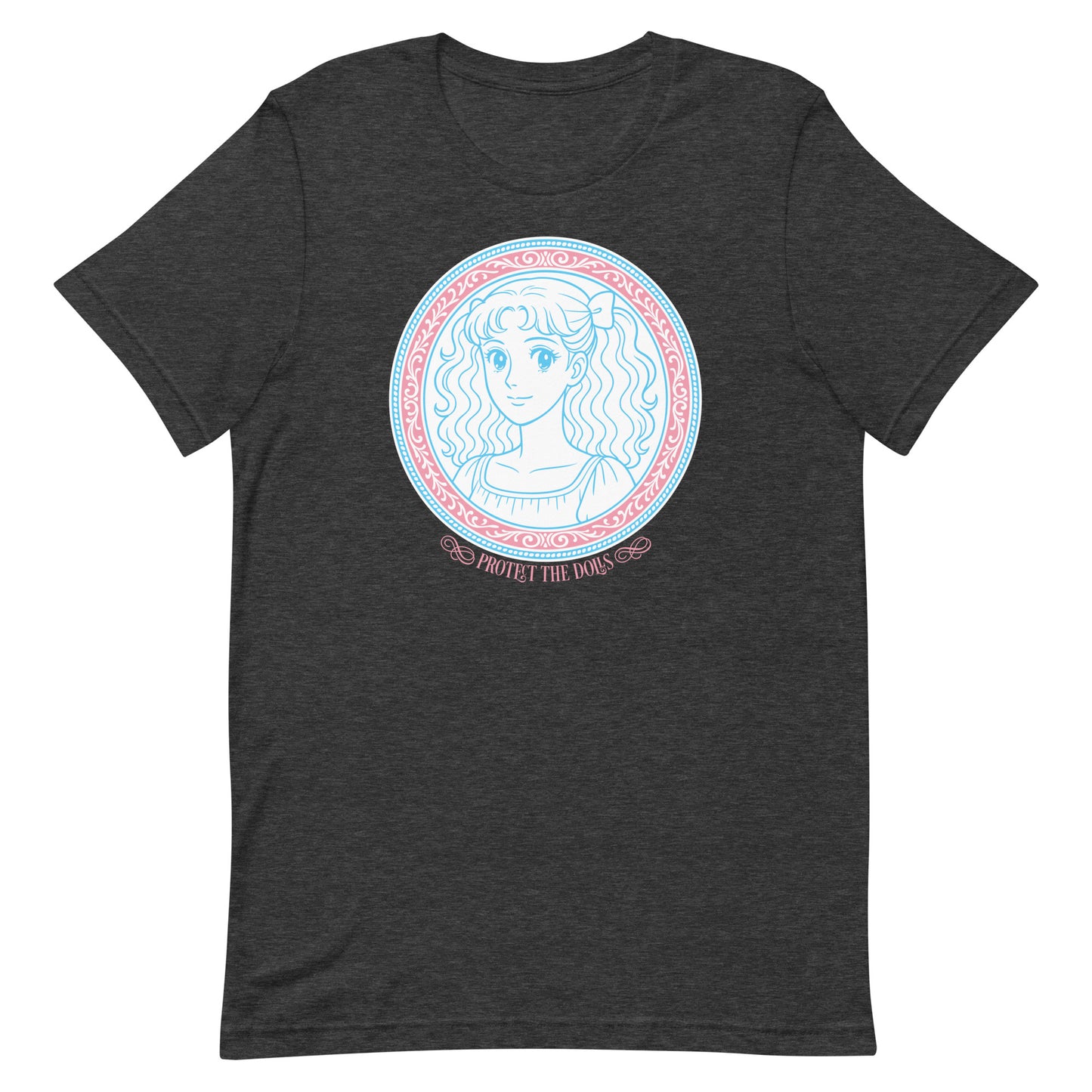 Front View Image: Protect The Dolls t-shirt with trans pride anime-style graphic