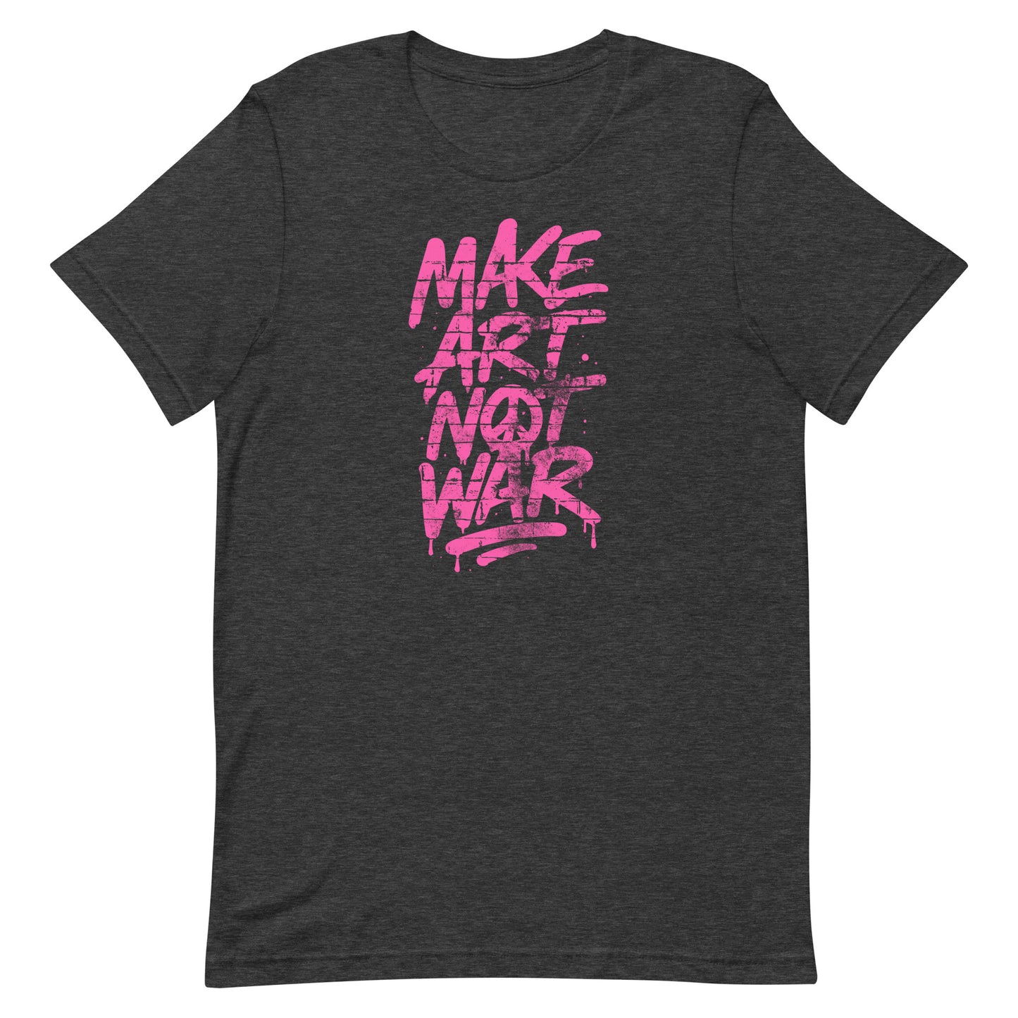 Front View Image: Front view of Make Art Not War graffiti protest t-shirt with bold pink spray-paint lettering