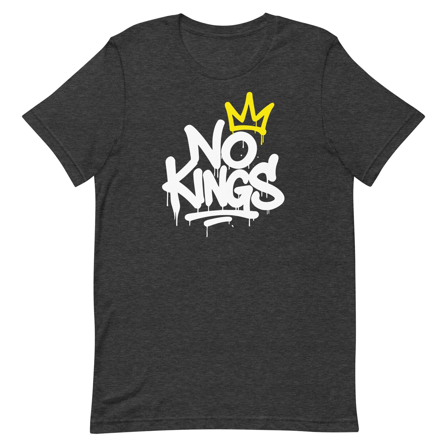 Front View Image: Front view of No Kings in America protest t-shirt with bold graffiti text and yellow crown