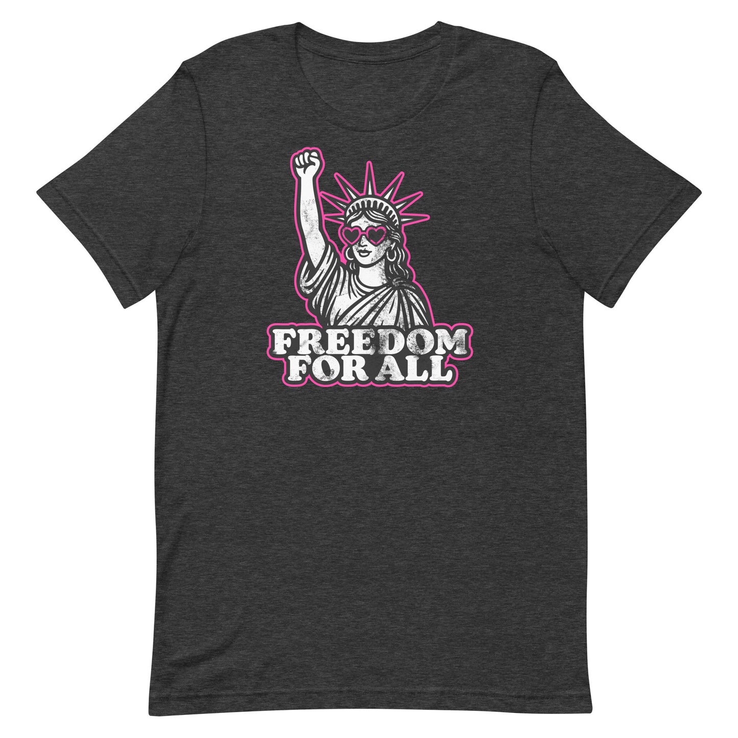 Front View Image: Front view of Freedom For All t-shirt with pink heart sunglasses and raised fist Statue of Liberty