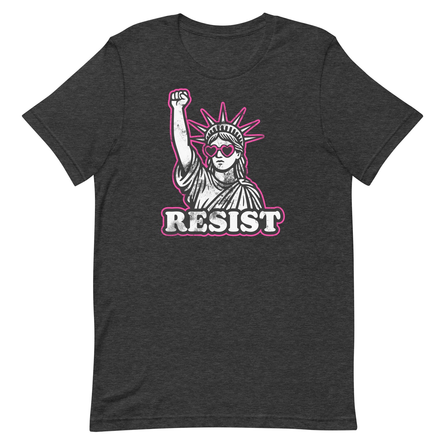 Front View Image: Front view of RESIST feminist t-shirt with raised fist Statue of Liberty and pink heart sunglasses
