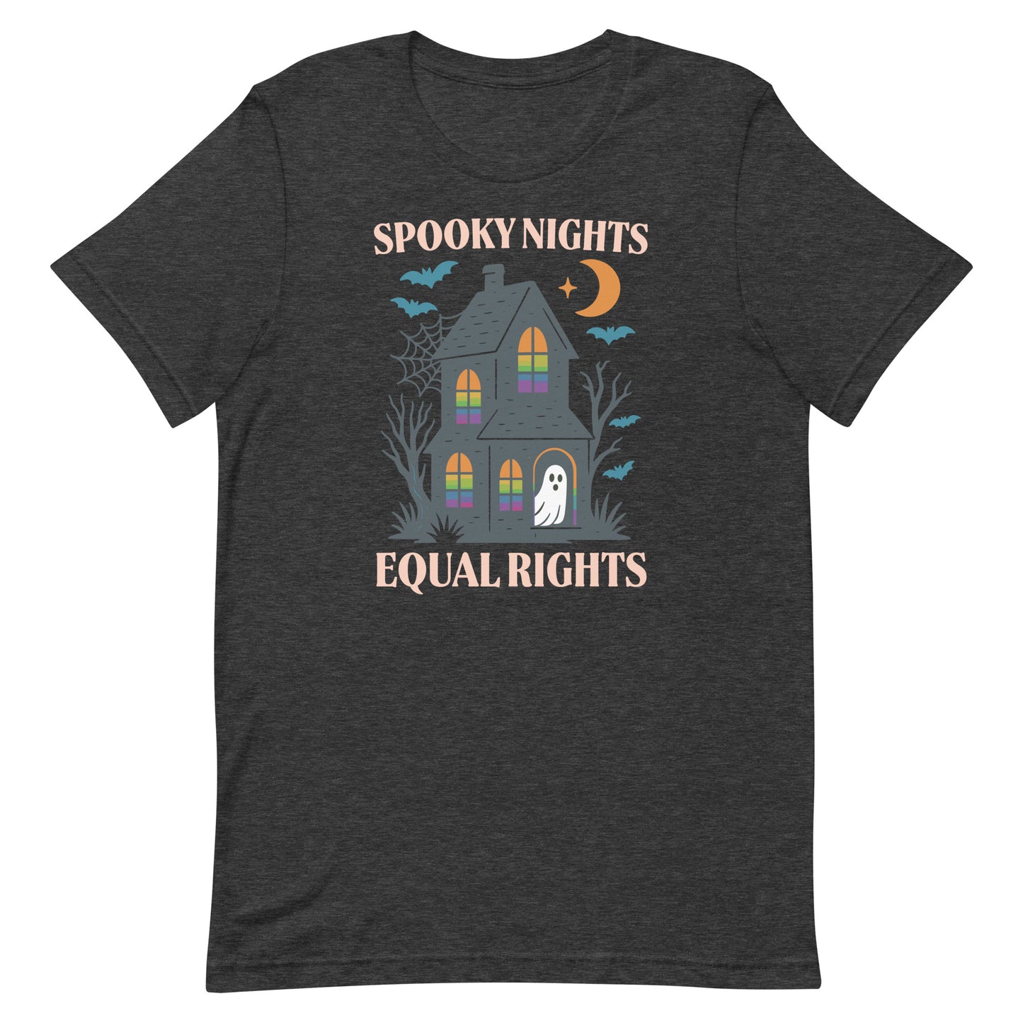 Heather gray “Spooky Nights Equal Rights” unisex Halloween t-shirt with haunted house illustration.
