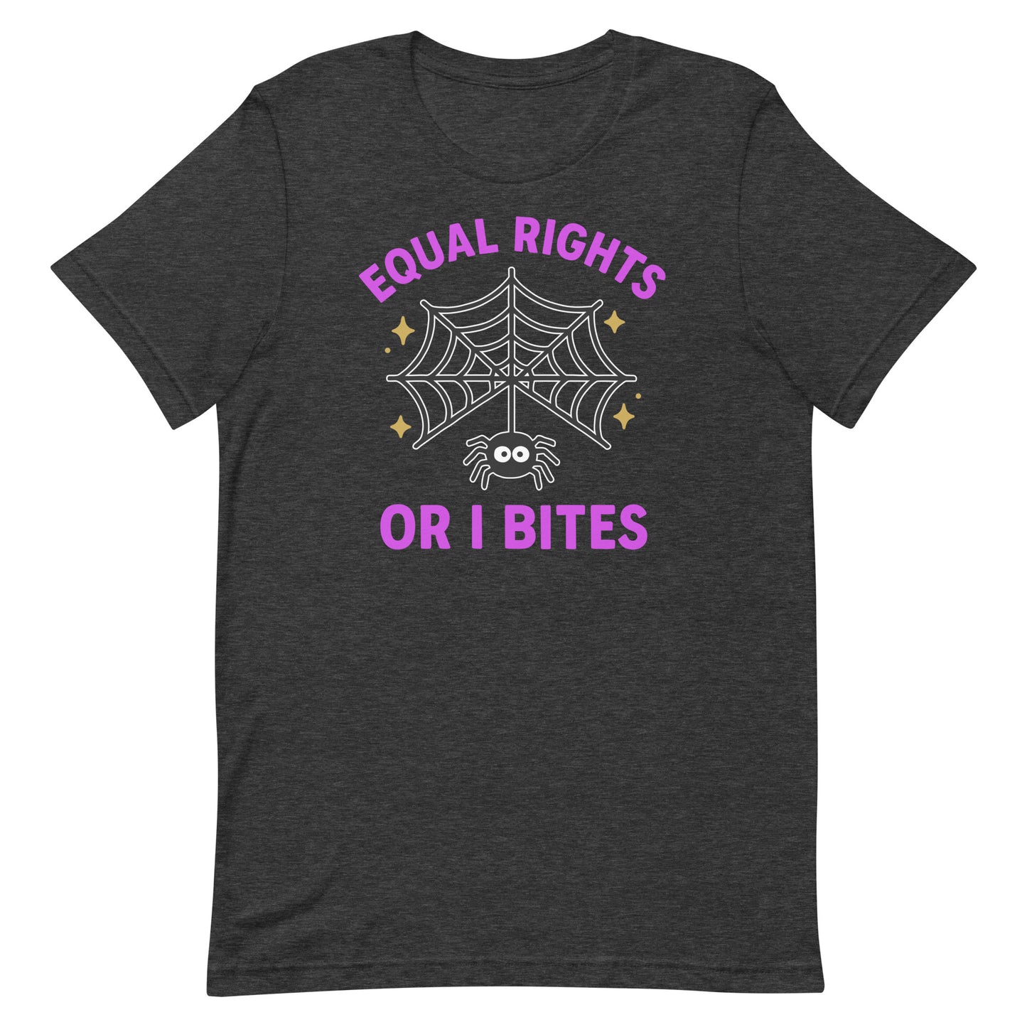 Heather gray “Equal Rights or I Bites” spider web shirt, spooky feminist Halloween tee.