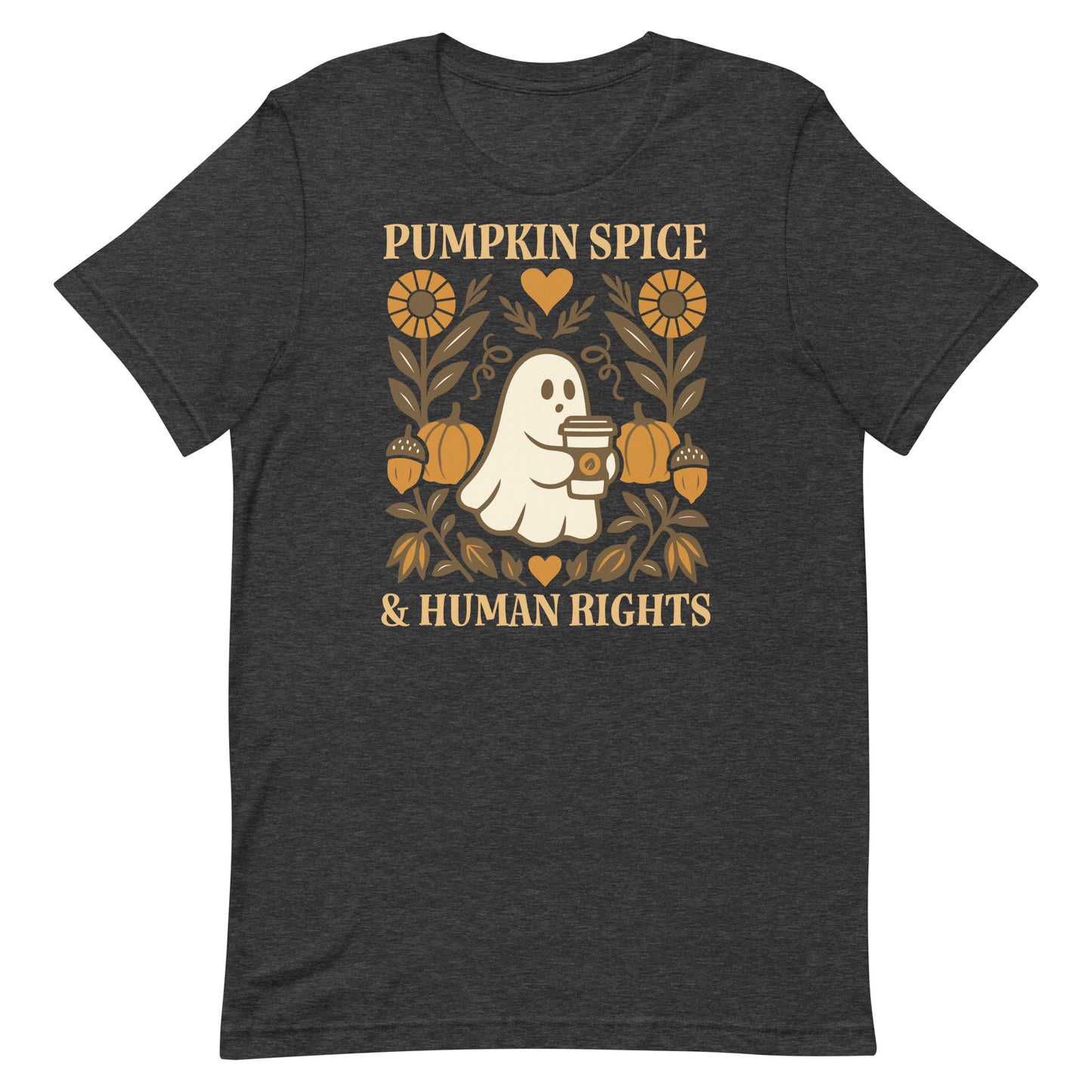 Heather gray “Pumpkin Spice & Human Rights” ghost and pumpkin print shirt, cozy feminist fall design.