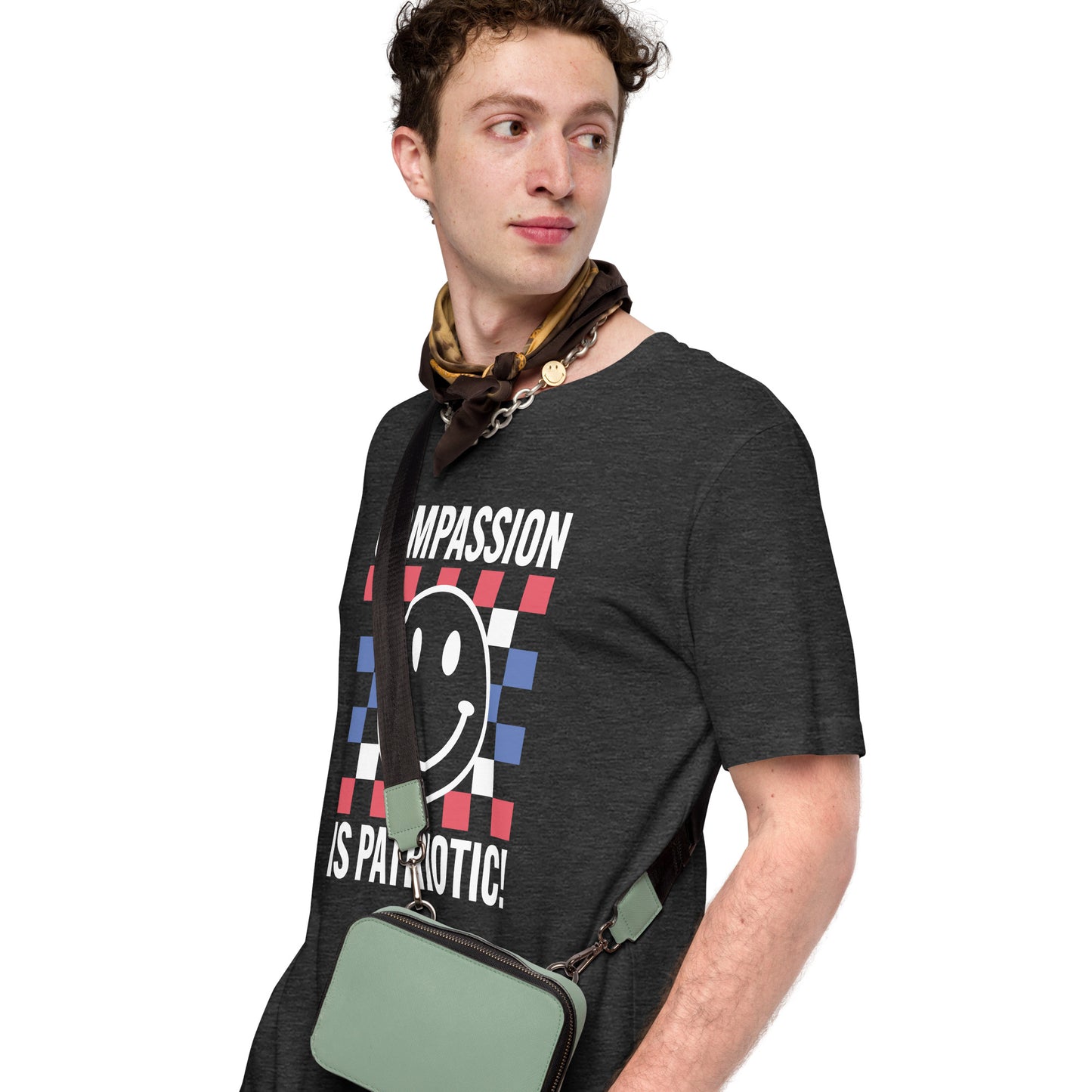 Model wearing Compassion is Patriotic! Social Justice Patriotic Kindness T-Shirt