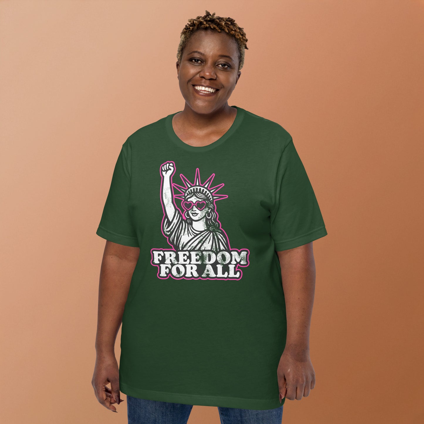 Lifestyle Image: Black female protester wearing Freedom For All protest tee - forest green