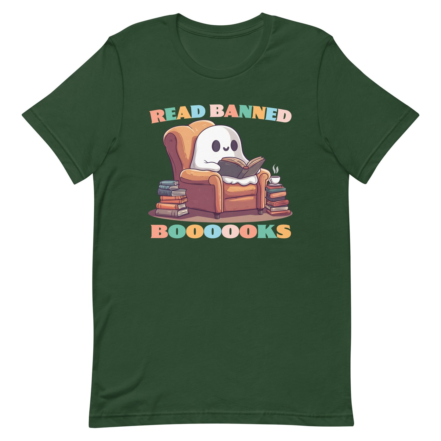 Front view of the "Read Banned Boooooks" Ghost T-Shirt featuring a cute ghost with books.