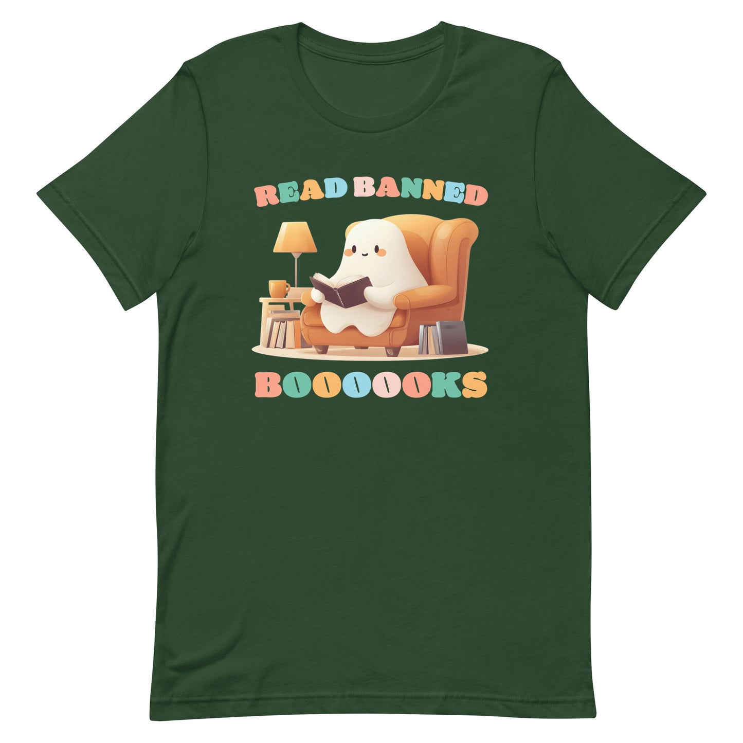 Front view of the "Read Banned Boooooks" T-Shirt featuring a cute ghost reading books.
