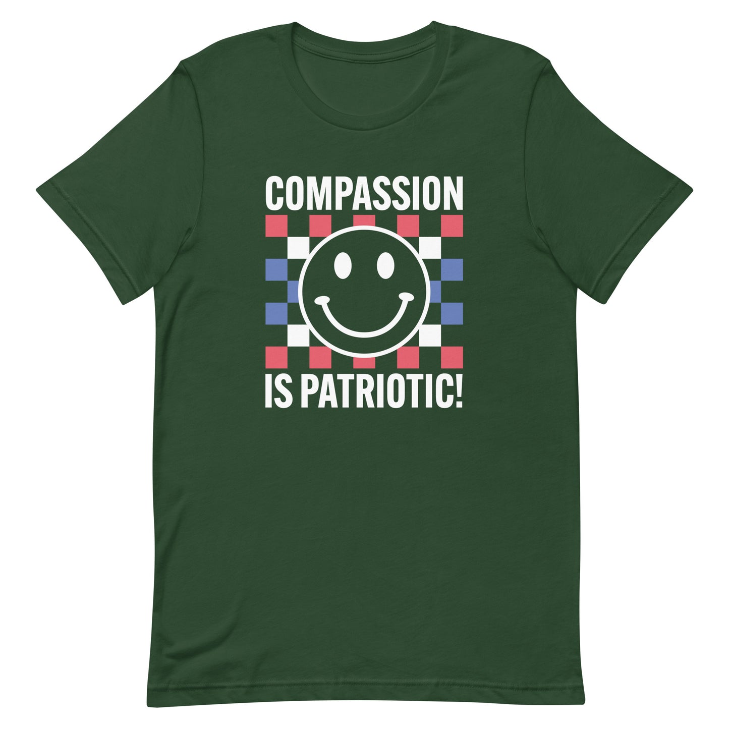 Front view of the Compassion Is Patriotic Smiley Face Unisex T-Shirt in red, white, and blue with a smiley face design.