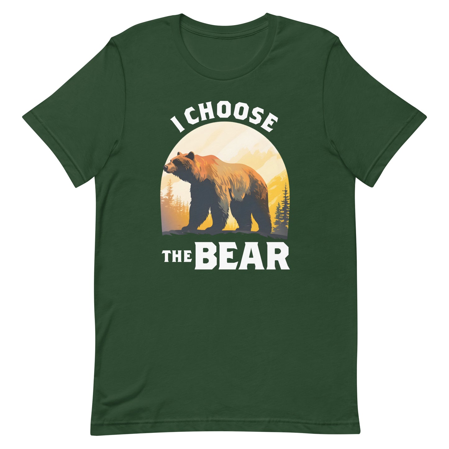Front View Image: I Choose The Bear unisex T-shirt with a bold bear and mountain illustration.