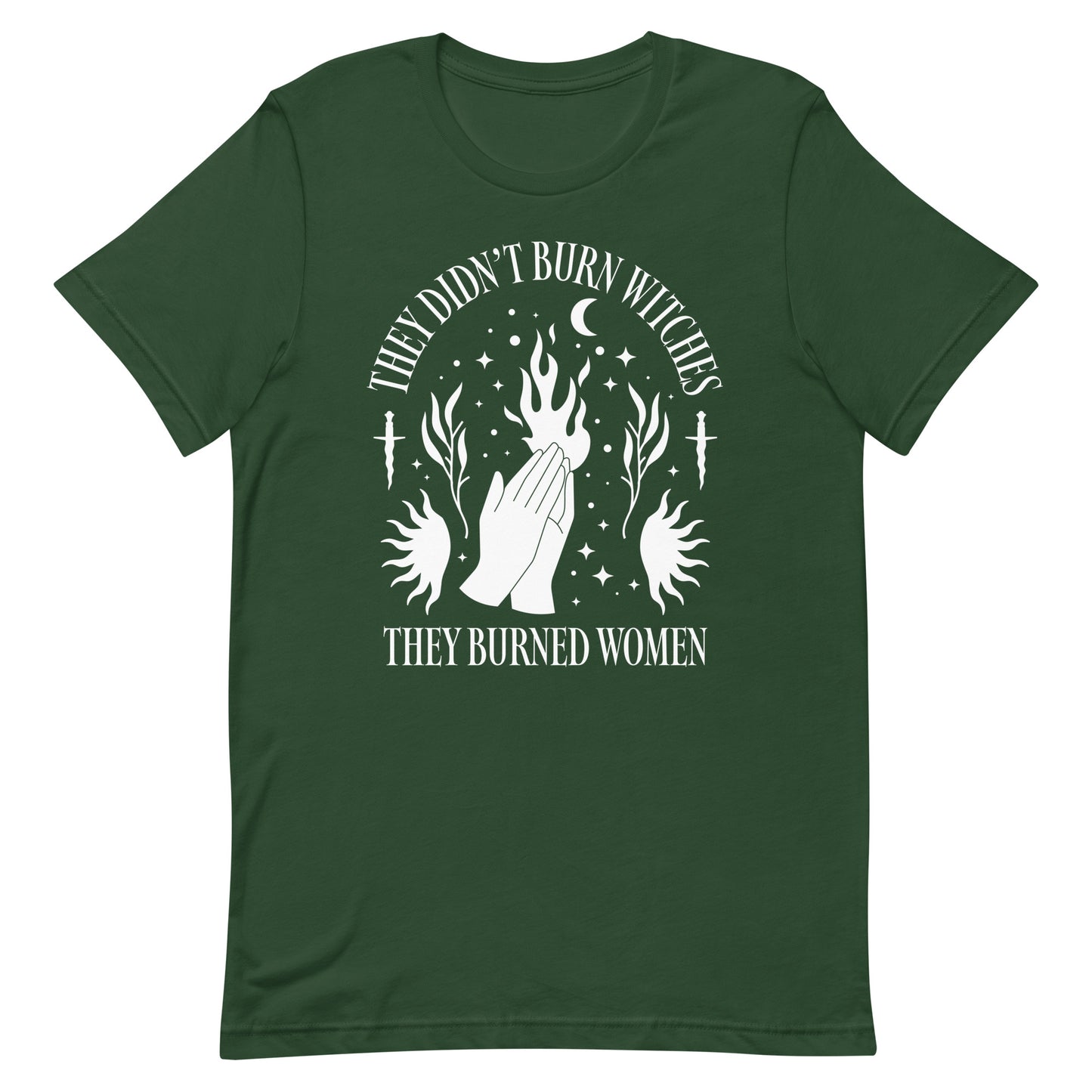 Front View Image: Feminist History Unisex t-shirt displaying the text “They Didn’t Burn Witches They Burned Women.”
