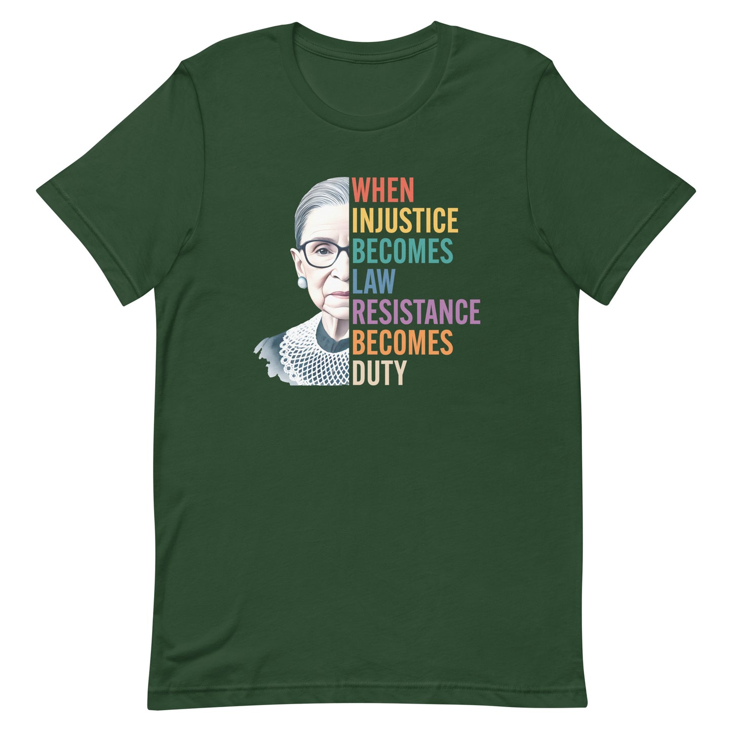 Front View Image: T-shirt with Ruth Bader Ginsburg’s portrait and the phrase “Resistance Becomes Duty.”
