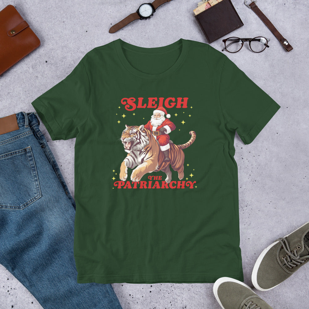 Sleigh The Patriarchy t-shirt laid flat with a clean background and accessories.