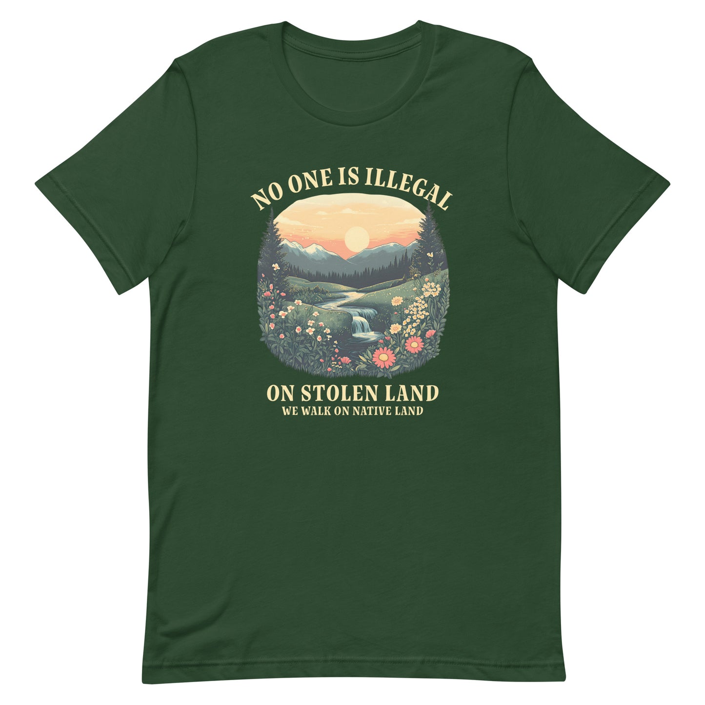 Front View Image: No One Is Illegal On Stolen Land t-shirt with bold activist message.