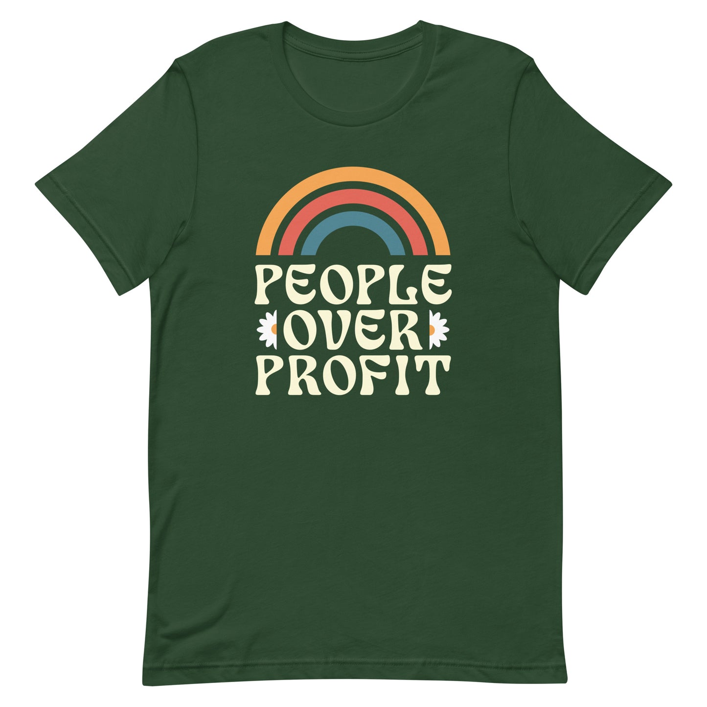 Front view of People Over Profit Economic justice Anti-Capitalism T-shirt with retro rainbow design and anti-capitalism message.